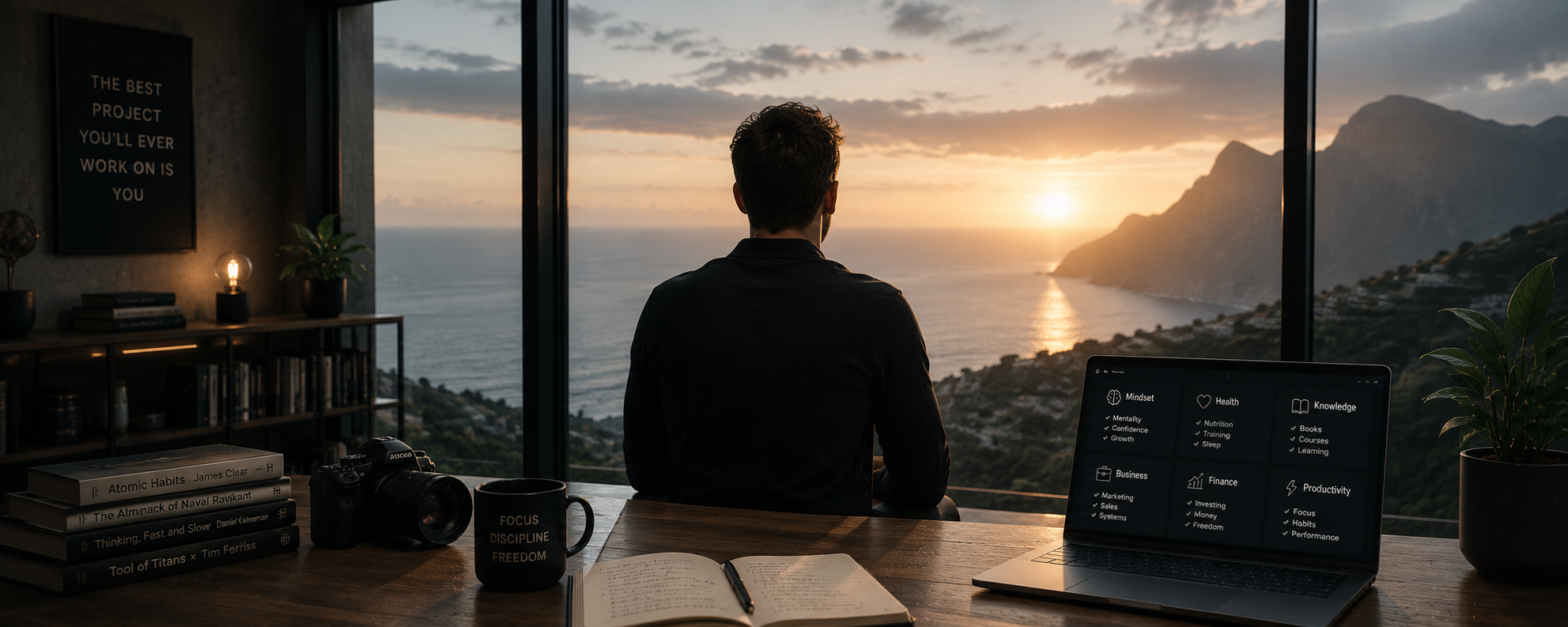 Entrepreneur working at a desk overlooking the coast, with a laptop showing categories like Mindset, Health, Business, and Finance